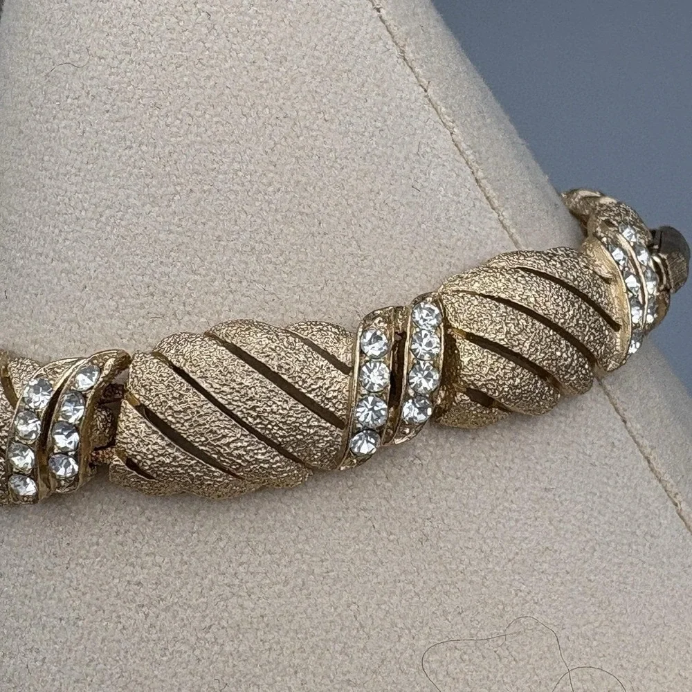 Vintage Trifari Bracelet Gold Tone Faux Rhinestones Textured MCM Elegant